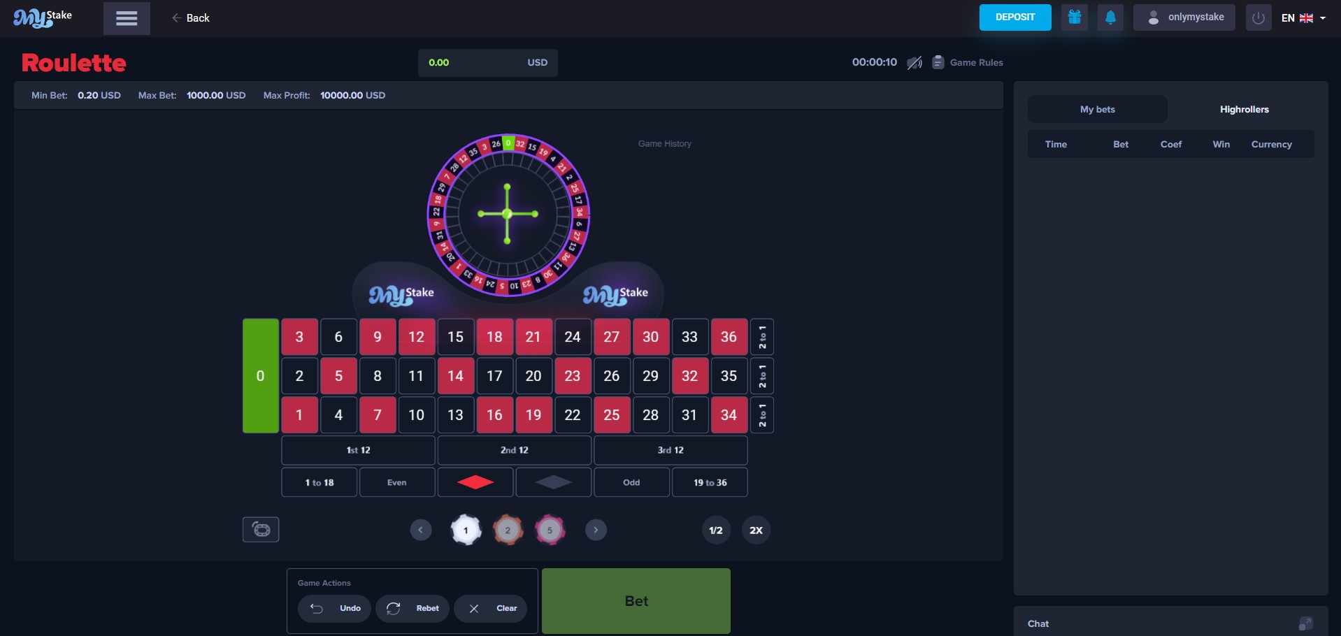 Interface de roulette MyStake